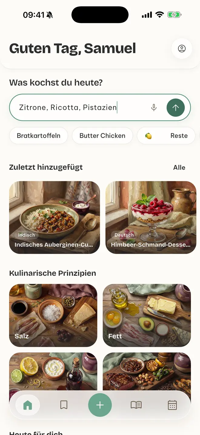 App-Screen „Was kochst du heute?“ mit der Eingabe Zitrone, Ricotta, Pistazien