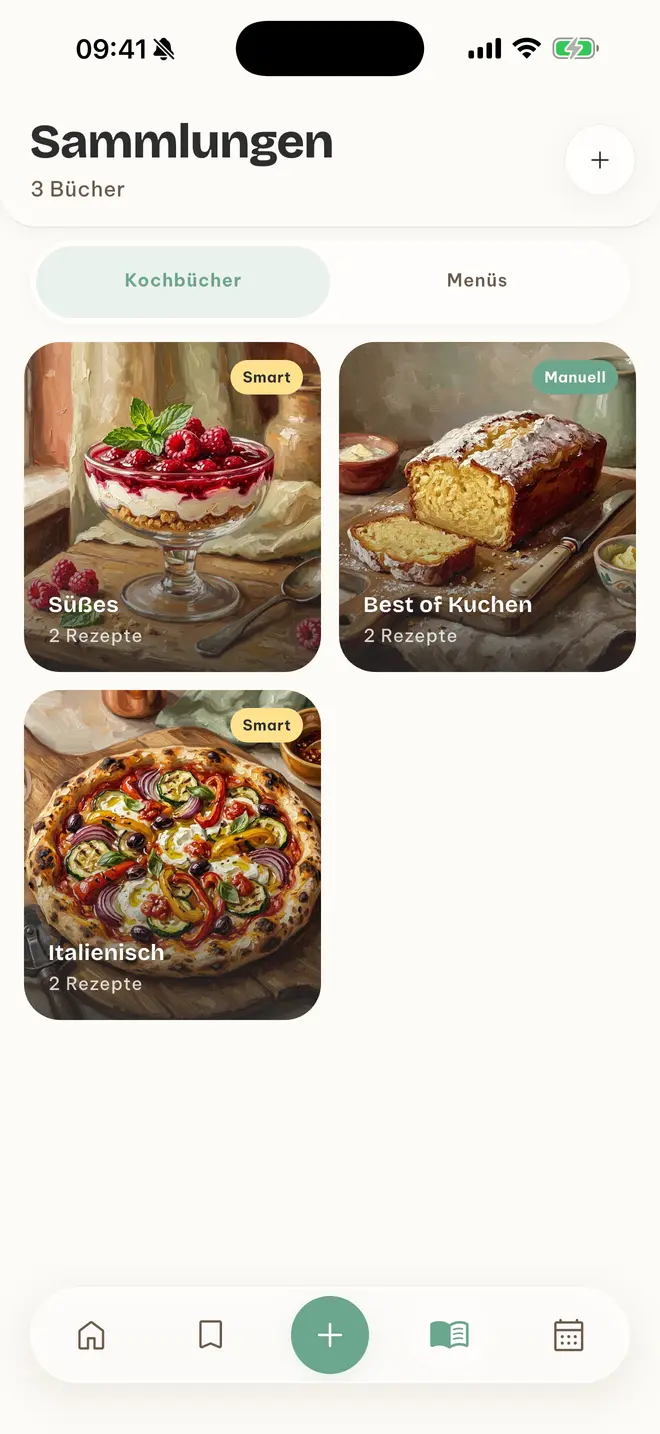 App-Screen Sammlungen mit den Büchern Süßes, Best of Kuchen und Italienisch
