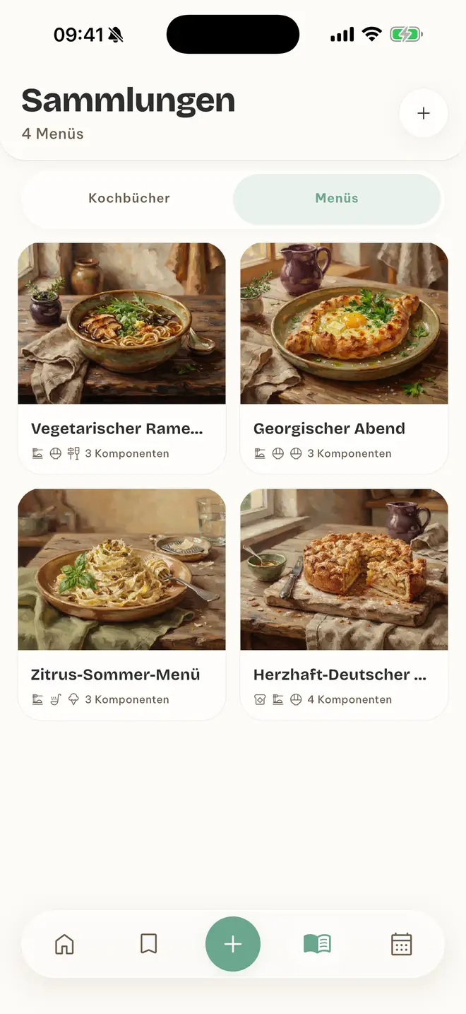 App-Screen Menüs mit Georgischer Abend, Zitrus-Sommer-Menü und Herzhaft-Deutscher Abend