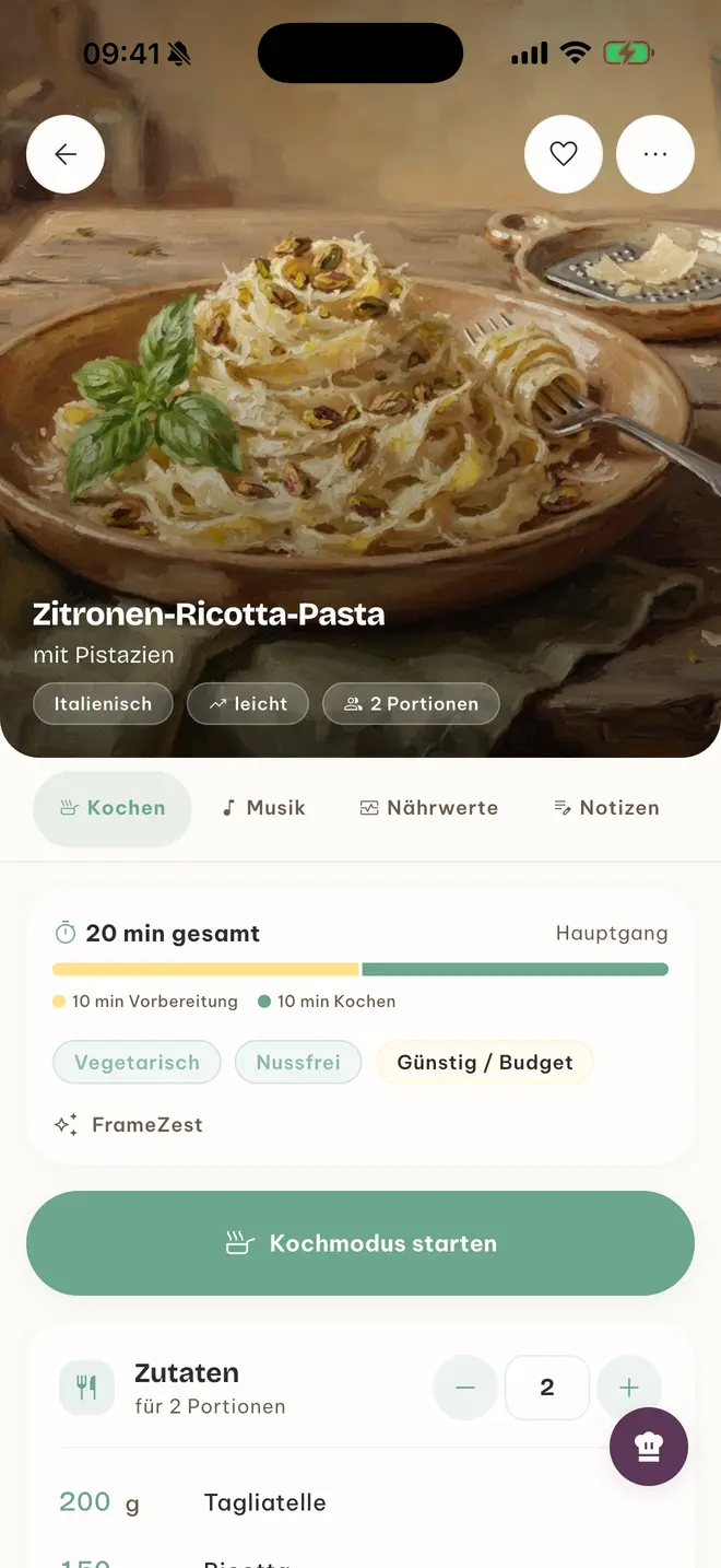 App-Screen: Rezept Zitronen-Ricotta-Pasta mit Pistazien, 20 Minuten, vegetarisch, mit dem Knopf „Kochmodus starten“