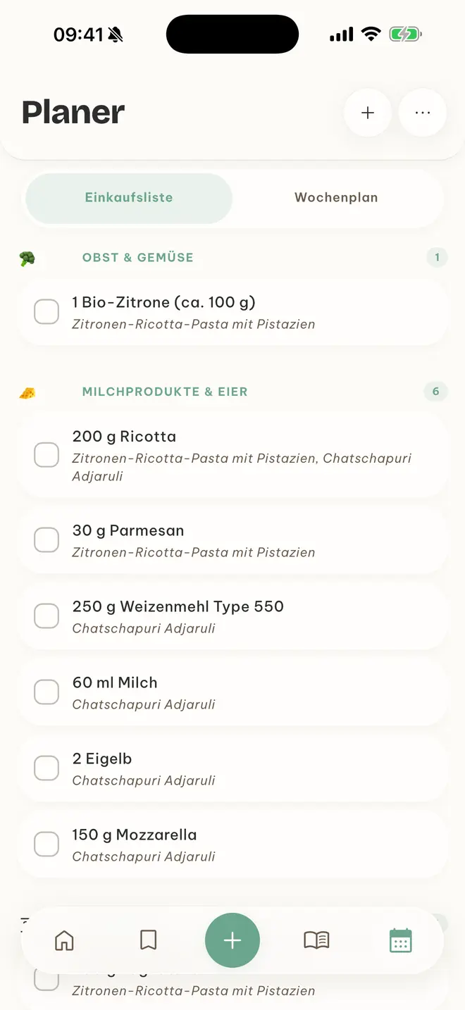 App-Screen Einkaufsliste, sortiert nach Obst & Gemüse und Milchprodukten: Bio-Zitrone, Ricotta, Parmesan
