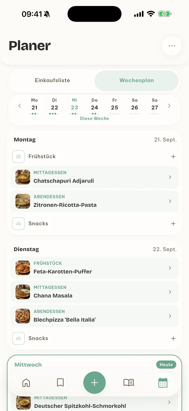 App-Screen Wochenplan: am Montag Chatschapuri zu Mittag und Zitronen-Ricotta-Pasta am Abend