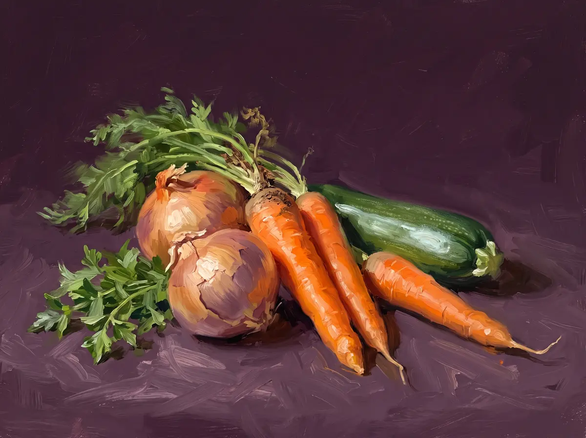 Gemaltes Stillleben: Zwiebeln, Karotten mit Grün und eine Zucchini auf dunklem Aubergine-Grund