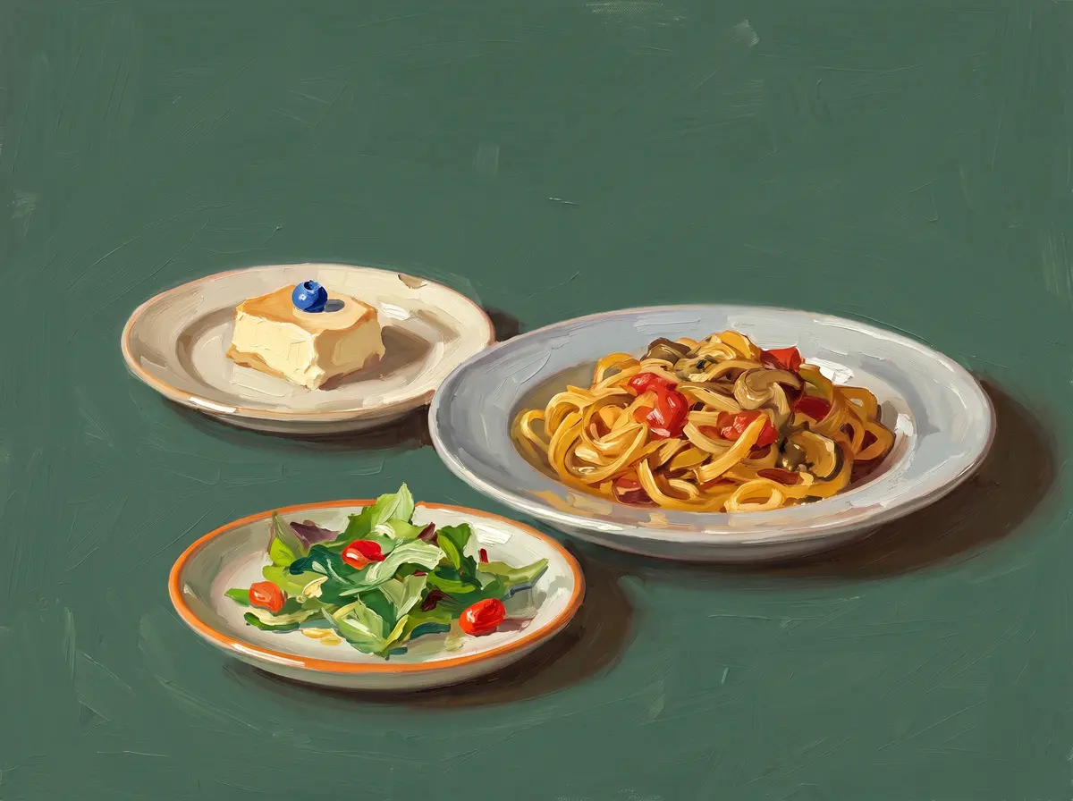 Gemaltes Stillleben: Salat, Pasta und ein Dessert auf drei Tellern, gestaffelt auf grünem Grund