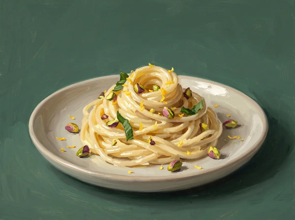 Gemaltes Stillleben: ein Teller Zitronen-Ricotta-Pasta mit Pistazien auf sagegrünem Grund