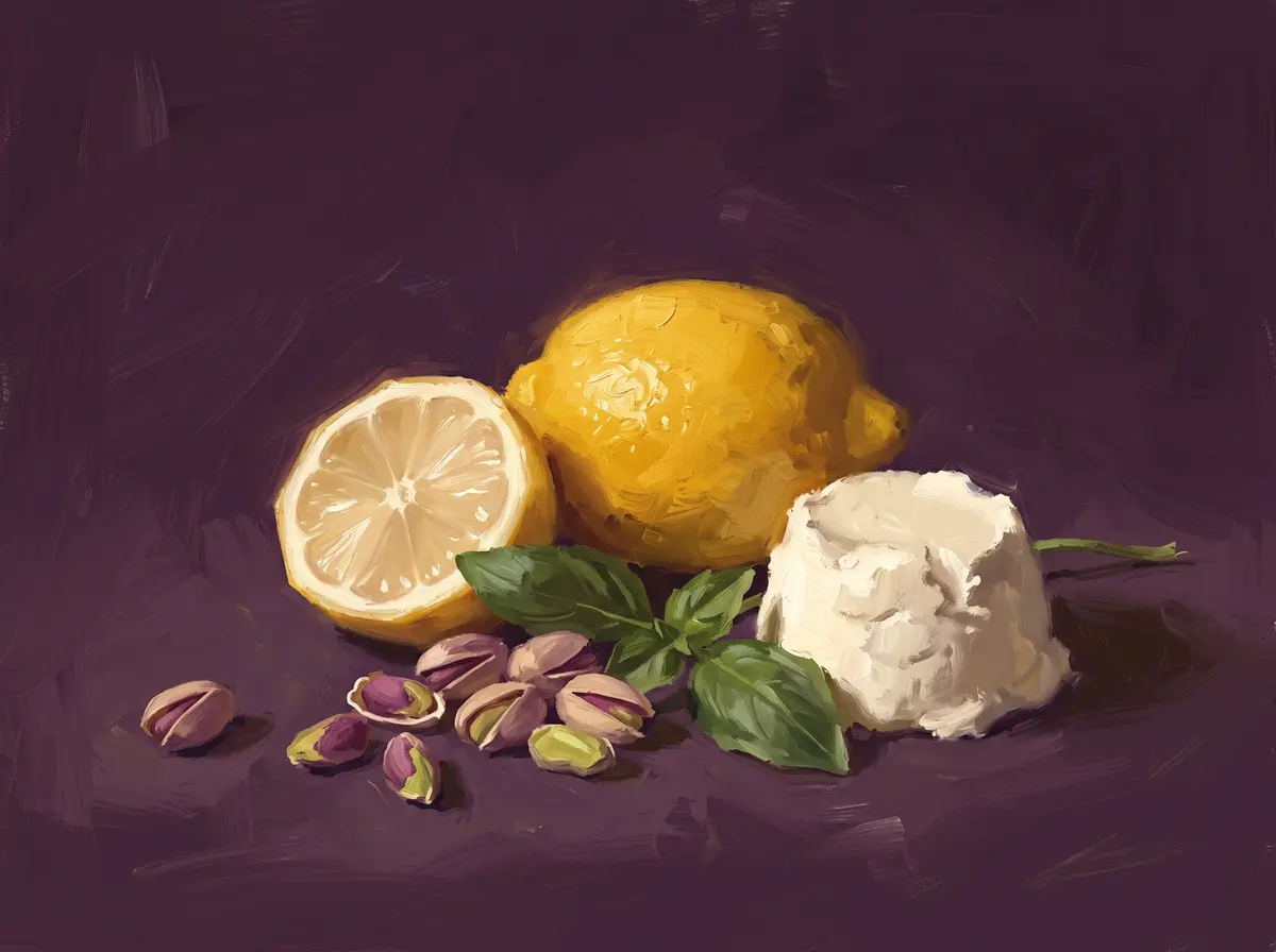 Gemaltes Stillleben: Zitrone, eine halbierte Zitrone, Ricotta, Pistazien und Basilikum auf dunklem Aubergine-Grund